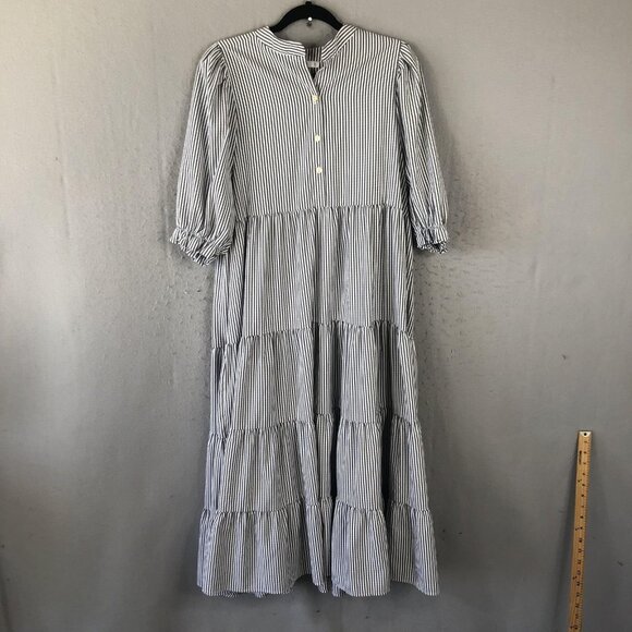 Karlie Dress Womens Large Striped Tiered Maxi Puff Sleeve Button Front - Picture 1 of 14